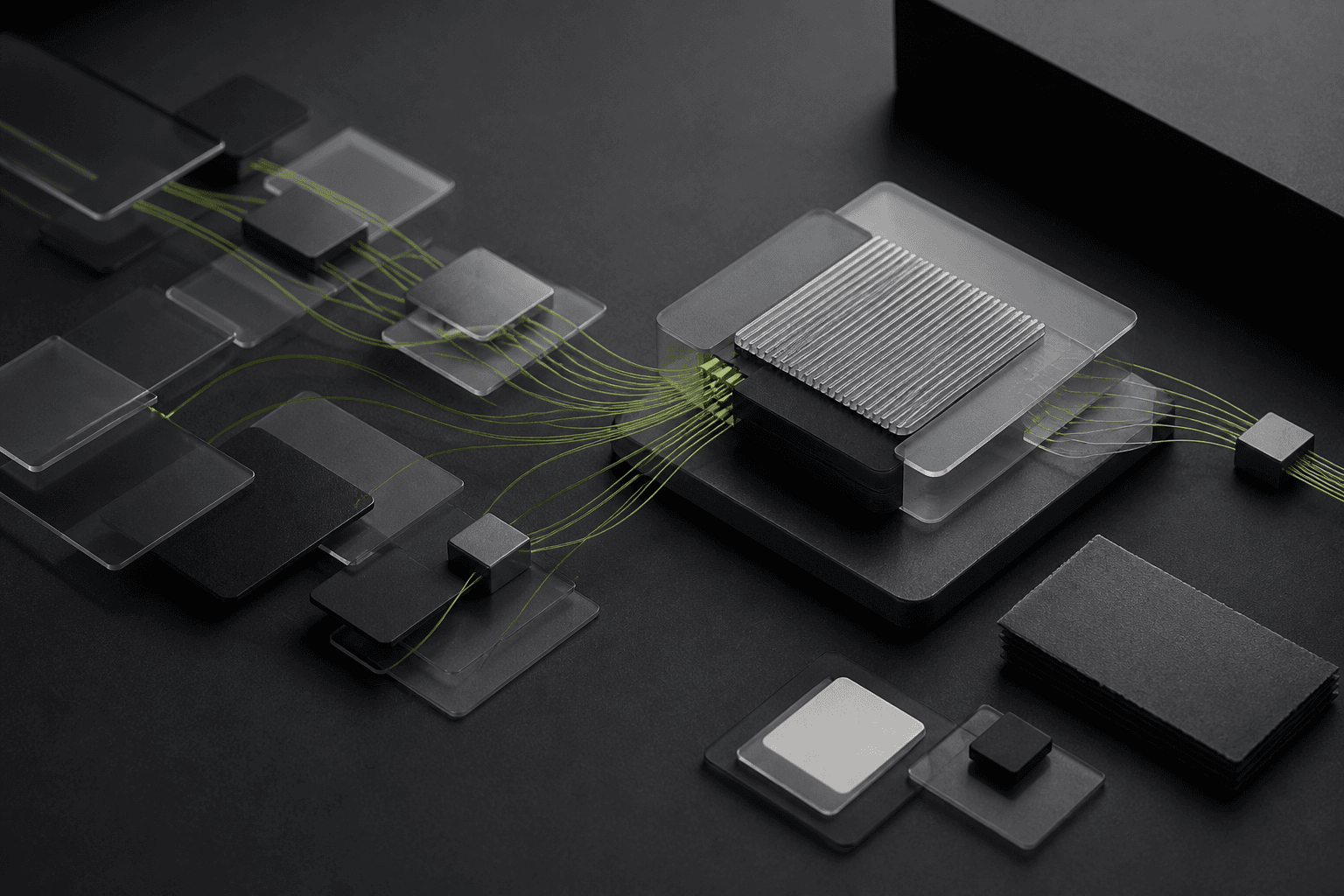 Abstract modular skill objects linked by flowing data lines